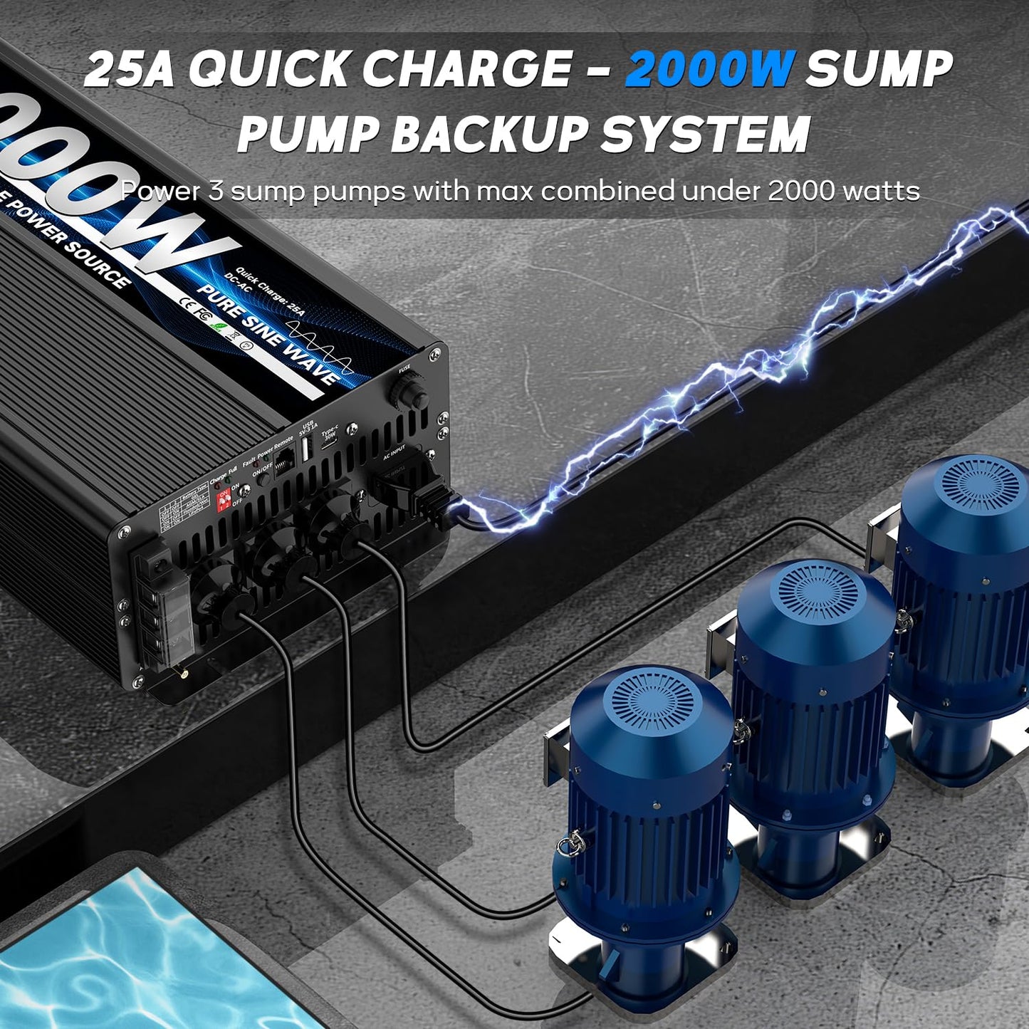 2000 Watt sump pump backup battery system, automatic switchover to battery inverter power, professional backup system in case of power failure, pure sine wave output Remote controller with LCD screen