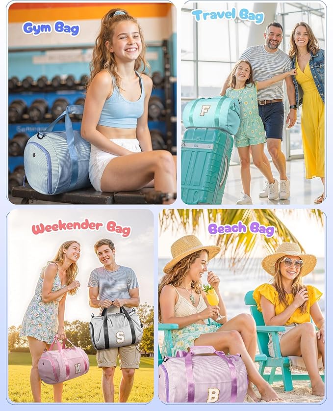 Cute Preppy Gifts for Girls, Girl Gym Bag, Kids Initial Overnight Duffel Bags with Shoe Compartment, Personalized Travel Bag with Makeup Pouch, Chenille Birthday Gift for Teen (Letter D)
