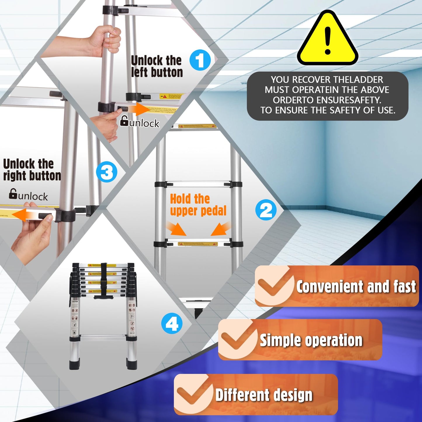 Walking Telescoping Extension Ladder,5+5 Step Ladder,330LB Load Capacity,Portable Telescopic Folding Ladder Heavy Duty Collapsible Ideal for Home and Outdoor Work(1.4m+1.4m/4.6FT+4.6FT Walking ladder)