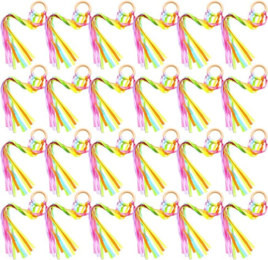 Junkin Ribbon Rings Hand Kite Waldorf Toys Dancing Wrist Ribbons Rainbow Streamers with Wood Ring Sensory Learning Educational Toy for Playroom Dancing Birthday Party Gift(Fresh,24 Pcs)