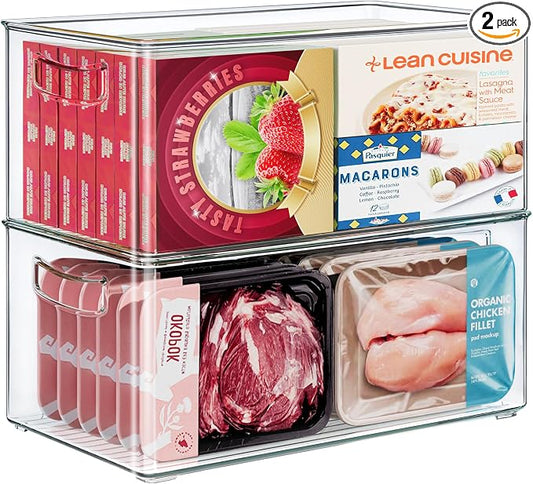 Heyuzb 2 Pack Clear Freezer Organizer Bins Stackable Storage Bins with Side Handles for Kitchen Pantry Cabinet Organzation and Storage