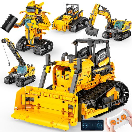 5in1 STEM Robot Building Toys for Kids 6-12, App & Remote Control STEM Excavator Bulldozer Crane Robot Building Kits, 736PCS DIY Educational Construction Building Sets, Erector Set Gift for Boys Girls