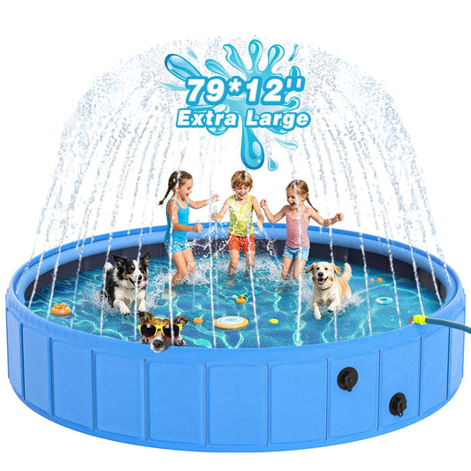 EPN Large Foldable Dog Pool – 0.55MM PVC 2-in-1 Portable Bathtub & Sprinkler for Dogs, Cats, Kids – Heavy Duty, Non-Slip, Summer Water Toy (79 in)