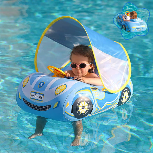 Baby Pool Float with Canopy, PVC Baby Swim Float with Sun Shade Cover, 3D Car Toddler Pool Float Swimming Floats Seat Boat for 12-18, 12-24 Months, Age 2-3, 3+ Years (Blue Canopy)