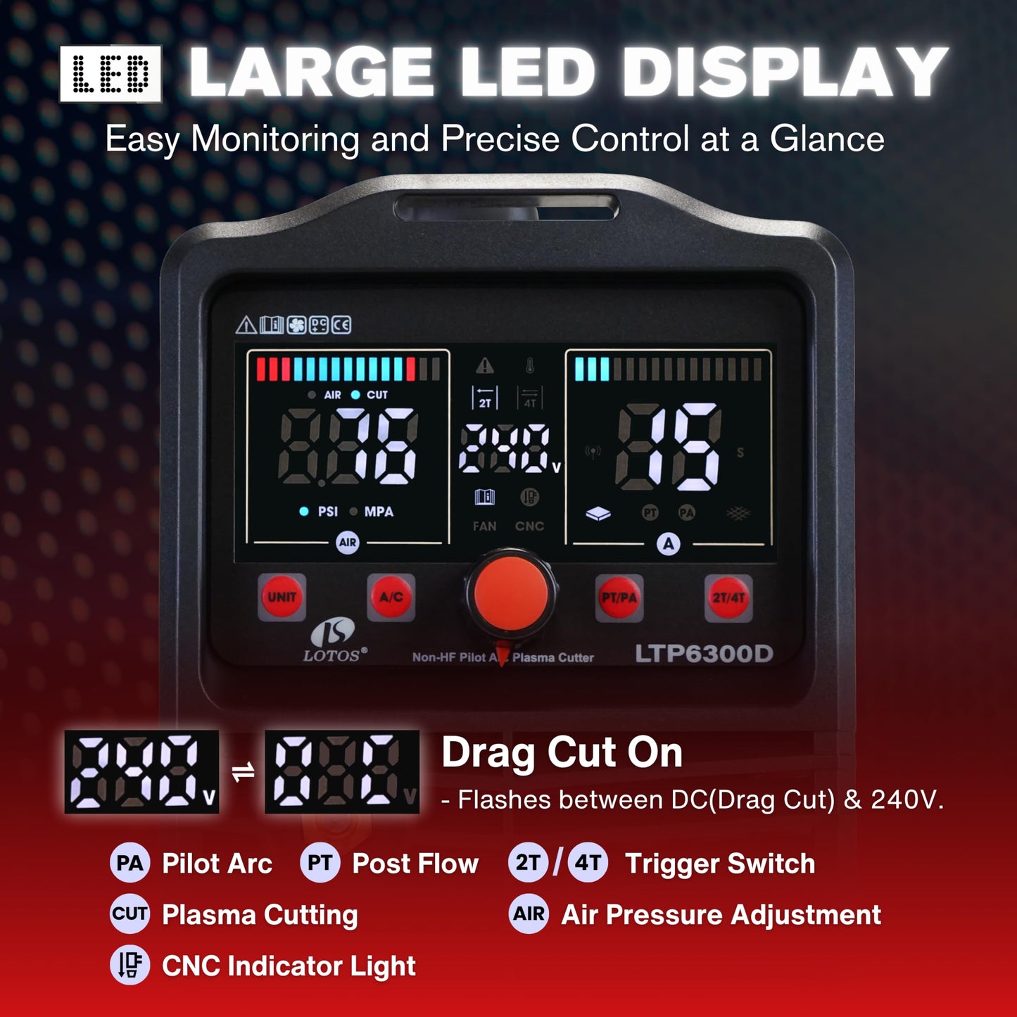 LOTOS Apex LTP6300D | 63A Non-Touch Pilot Arc Plasma Cutter, Drag-Cut Enabled, Non-HF Blowback Start, 3/4" Clean (1" Sever), Dual-Voltage 110/220V, LED Controls, Portable Air Plasma Cutter