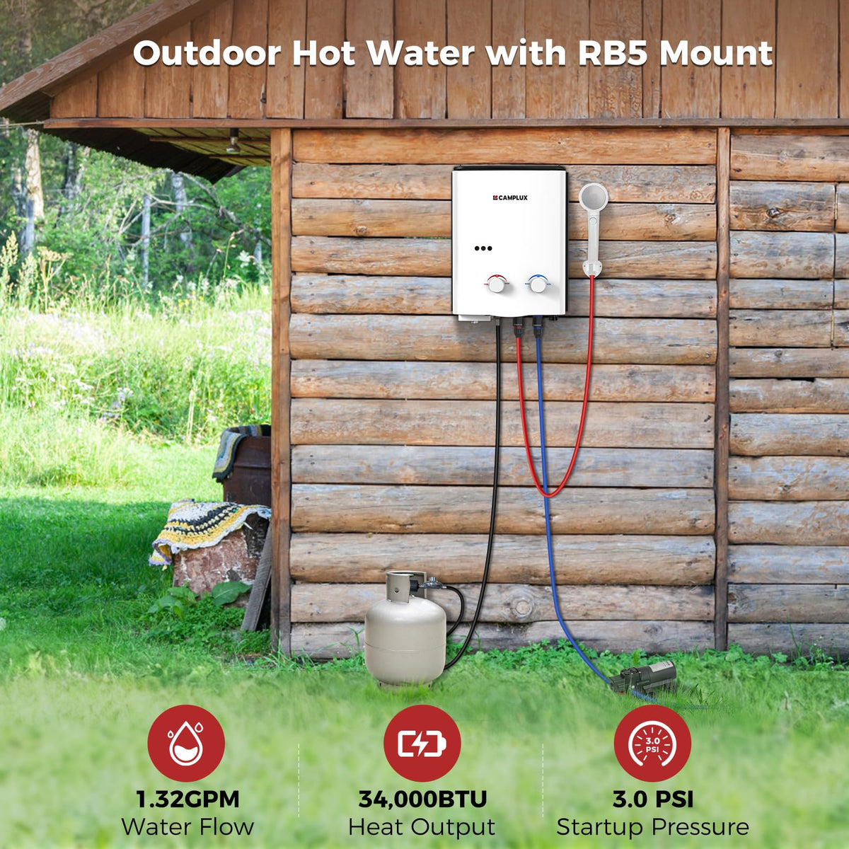 CAMPLUX Portable Propane Water Heater & Pump Kit, 1.32 GPM Tankless Gas Shower System with 12V Pump, Long Power Cables & Extension Hoses, Instant Hot Water for Off-Grid Camping, RV, AY132P43, White