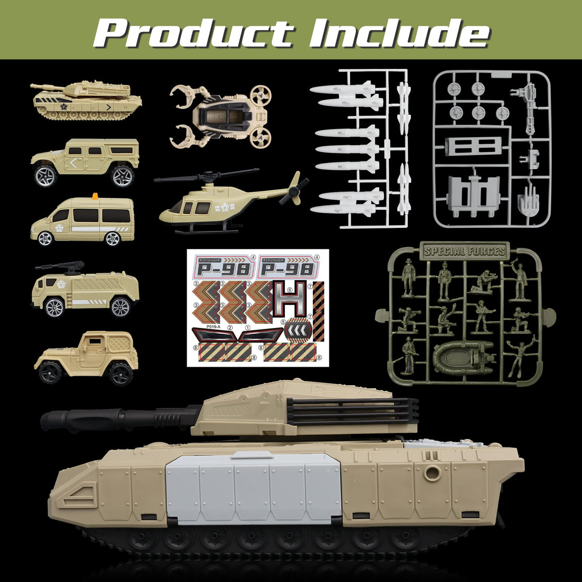 XDUOYJOY Military Tank Toy Sets, Army Toys with 7 Vehicles, Army Men Trucks Helicopter Birthday Gift for Boys Age 4-7, Easy to Store
