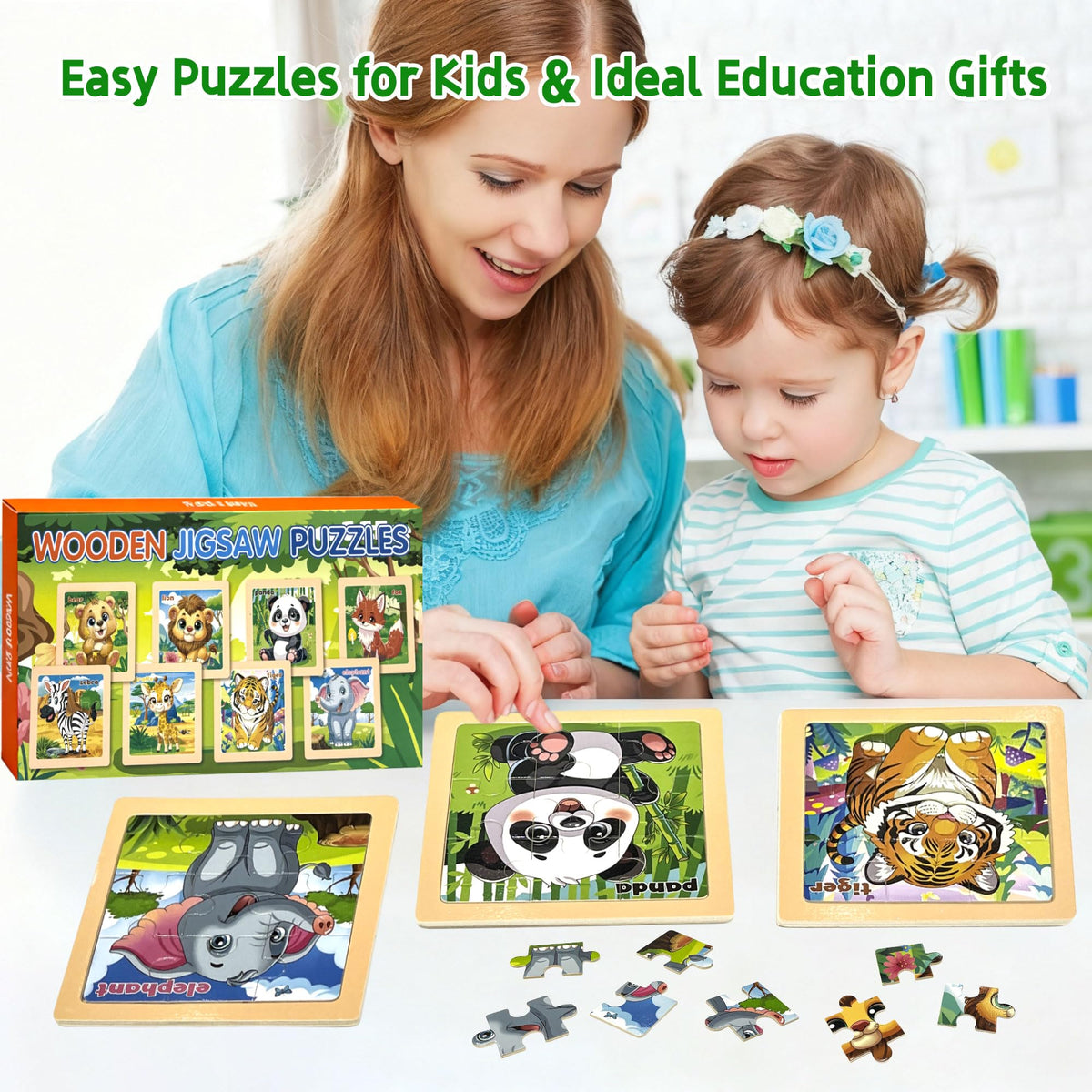 Wooden Animals Puzzles for Toddlers 2-4, 8 Pack 9 PCS Jigsaw Puzzles for Kids 2-4, Wooden Puzzles for Toddlers 3-5, Animal Puzzles for Kids 3-5, Preschool Puzzles Learning Educational Sets Toys
