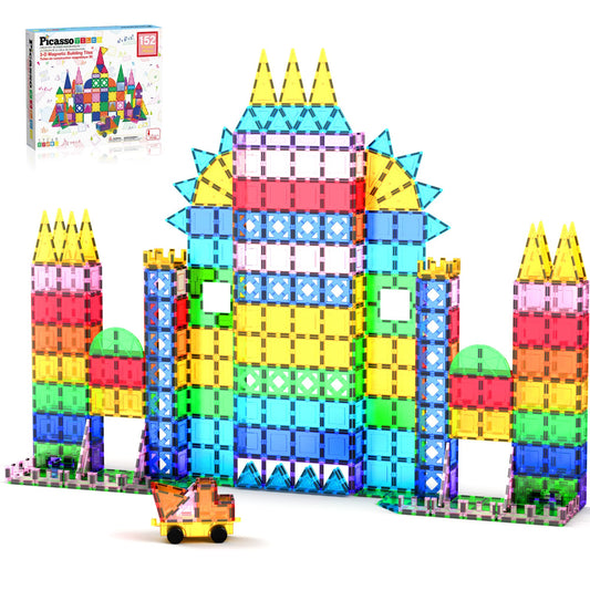 PicassoTiles Magnetic Tiles 152pcs Mirror Theme Magnet Tile Building Blocks STEM Sensory Toys with Car for Kids Toddlers Boys Girls Age 3+ Educational Learning Construction Play Set PT152