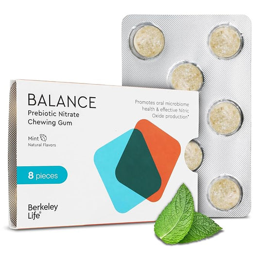 Berkely Life Prebiotic Nitrate Mint Chewing Gum - Sugar-Free Chewing Gum Supports Nitric Oxide Production for Healthy Blood Pressure & Oral Microbiome Health - 8-Piece