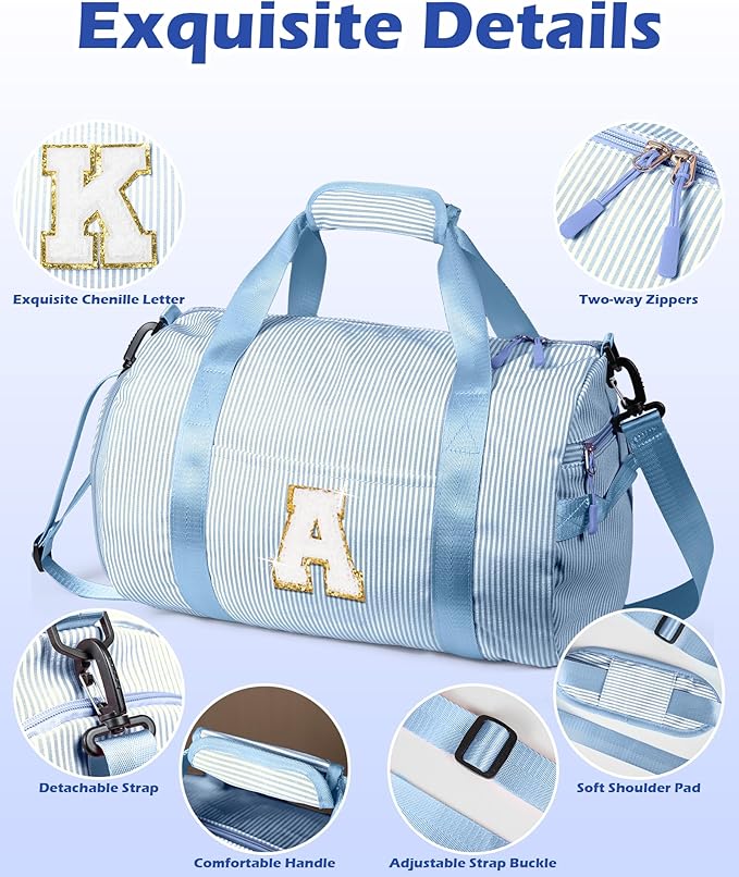 Cute Preppy Gifts for Girls, Girl Gym Bag, Kids Initial Overnight Duffel Bags with Shoe Compartment, Personalized Travel Bag with Makeup Pouch, Chenille Birthday Gift for Teen (Letter D)