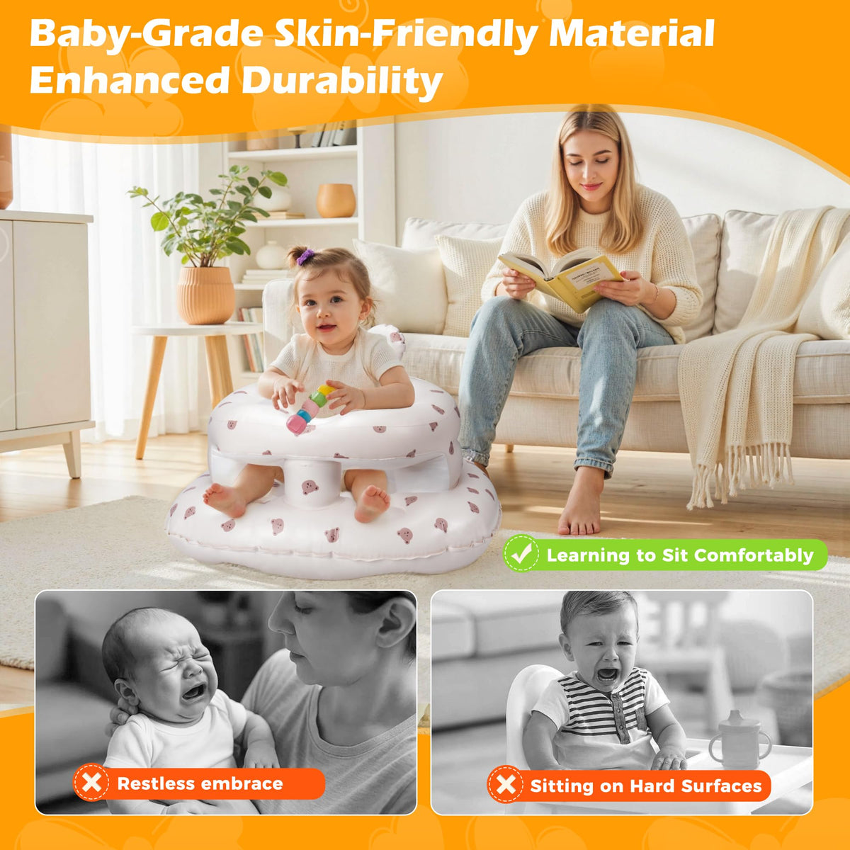 Inflatable Baby Seat for Babies 3–36 Months, Aloxina Sit Me Up Floor Chair with Built-in Air Pump, Extra-Wide Base & Anti-Tip Support, Infant Chair for Sitting & Feeding – Bear