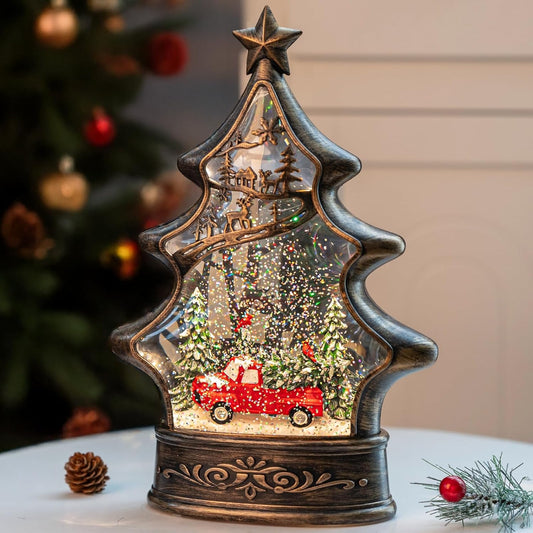 Regine Switzerland Snow Globe Lantern - Musical Lighted Christmas Tree with Red Truck - 11.5 Inch Holiday Decor