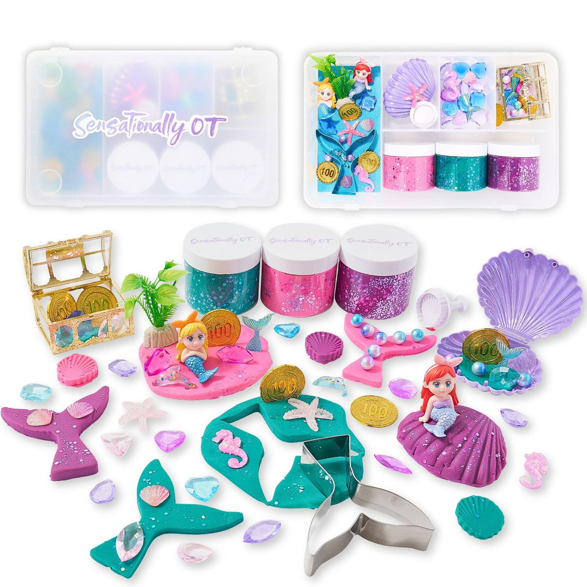 Sensationally OT Mermaid Sensory Dough Kit (3 Jars) Non-Toxic Dough with Cutters, Stampers, Coins, Pearls, Seahorses, Starfish, Treasure Box - Perfect Creative Play and Gift for Kids & Toddlers