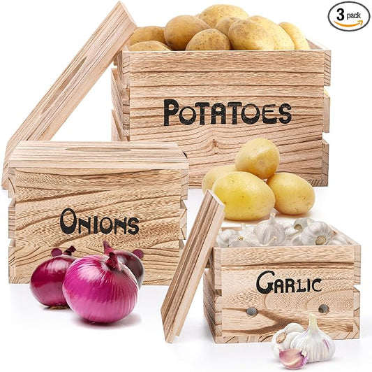 Frcctre 3 Pack Vegetable Storage Bins, Farmhouse Potato Onion Garlic Kitchen Storage Canisters Set, Wooden Stackable Vegetable Keeper with Lid and Aerating Holes for for Pantry Organization