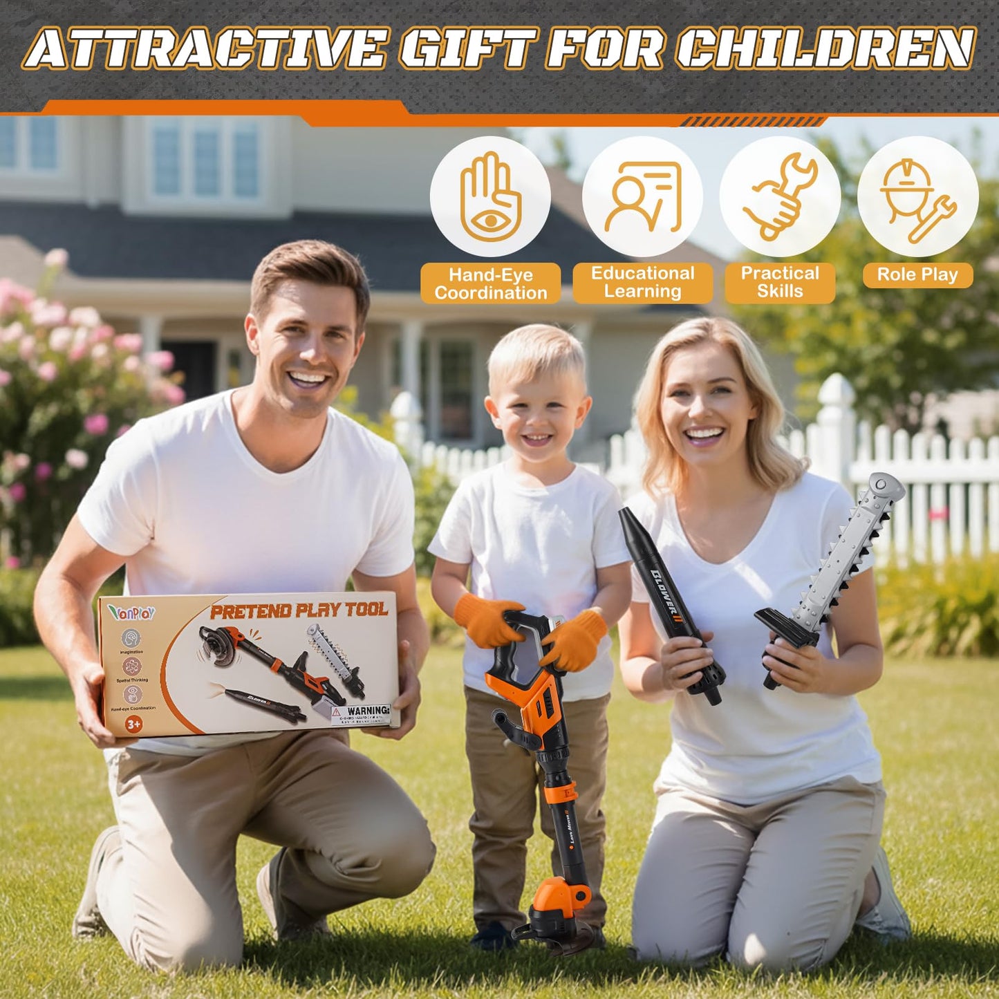 3-in-1 Kids Yard Tools - Kids Weed Wacker Toy, Kids Leaf Blower & Chainsaw, Kids Garden Tools with Safety Equipment, Realistic Lights & Sounds, Pretend Play Outdoor & Indoor Toys