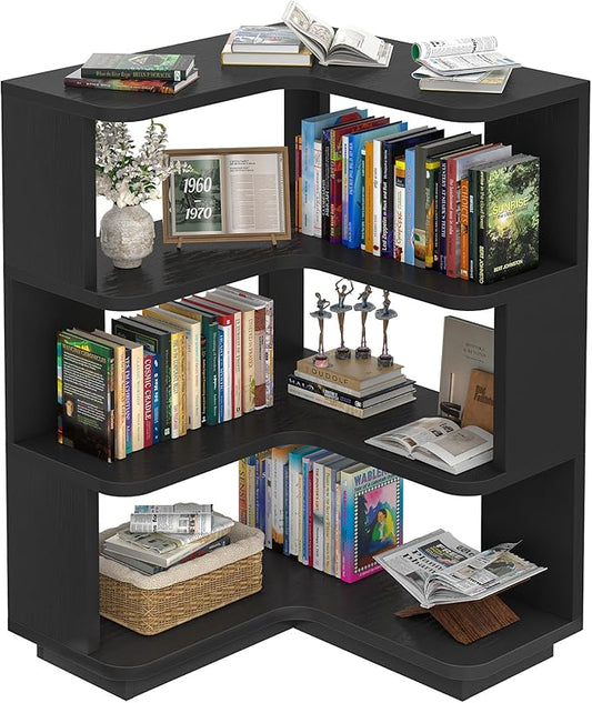 Armocity Corner Book Shelf - 4 Tier Corner Bookshelf Etagere Bookcase with Baffle, Freestanding L Shaped Display Shelf Stand for Home Office, Living Room, Bedroom, Kitchen, Black