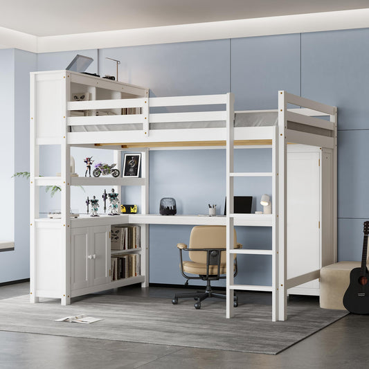 Bellemave Solid Wood Queen Size Loft Bed with Desk and Wardrobe,Loft Bed Frame with Storage Shelves and Bookcase for Kids,Teens,Adults,Queen Size,Space Saving,White