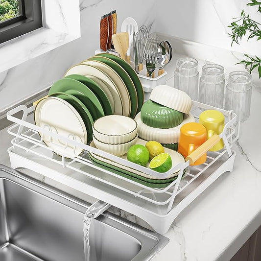 Epicano Dish Drying Rack for Kitchen Counter,Large Capacity,White | Raised Feet,Rustproof,Wooden Handle,Auto-Drainage System,Cup Holder & Knife Slots, Sink Storage Organizer