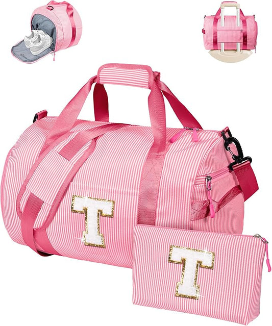 Cheer Up Gift for Teen Girls, Girl Gym Bag, Kids Initial Overnight Duffel Bags with Shoe Compartment, Personalized Travel Bag with Makeup Pouch, Gifts for 3 4 5 6 7 Year Old Kid (Letter T)
