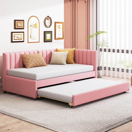 Brisca Upholstered Linen Daybed with Trundle,Twin Size Sofa Bed Frame W/Wooden Slats,for Bedroom,Apartment,Studio,Pink