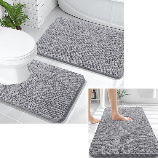 OLANLY Chenille Bath Rug Set - U-Shaped Toilet Rug & Bathroom Mats | Grey, 3-Piece Bundle (30x20, 24x20)