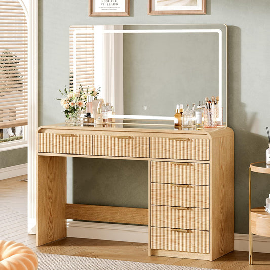 47“Makeup Vanity Desk with 44.8" Mirror and Lights, Vanity Desk with 7 Drawers, Makeup vanity table with a glass tabletop, 3 Color Modes & Adjustable Brightness Dressing Table, Bedroom,Oak515