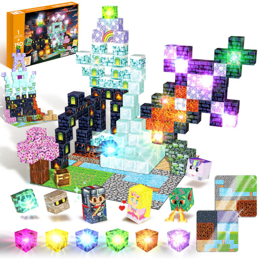 SZKLOL 150 PCS Light Up Magnetic Building Blocks for Kids, STEM Educational Building Toys with Metal Baseplate for Ages 3-8, Princess & Castle Magnetic Stacking Cubes (150 pcs, 15 Flashing Cubes)
