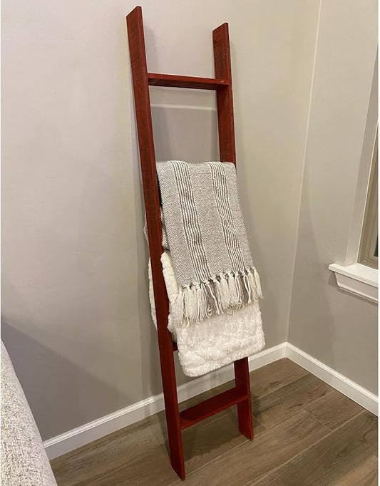 BARNWOODUSA Throw Blanket Ladder – Fully Assembled Reclaimed Wood – Rustic Decorative Ladder for Towels, Quilts, & More – Perfect Farmhouse Decor for Bathroom, Porch, or Living Room,5-Foot Red