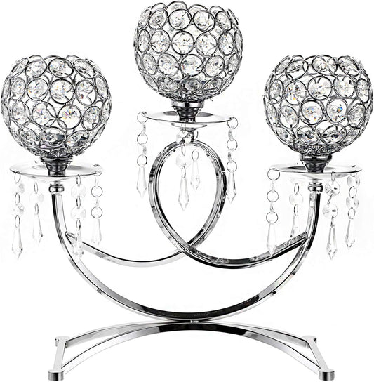 OwnMy Crystal Candle Holders - Elegant 3-Arms Tealight Candelabra for Weddings & Home Decor | Silver
