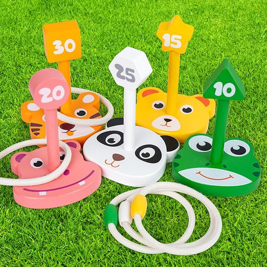 Wooden Ring Toss Game Set, Animal Ring Toss Game Toys, Fun Indoor & Outdoor Yard Game for Kids Adults - Lawn and Backyard Game for Family Birthday Party Easter Festivals Summer Beach Fun Activities
