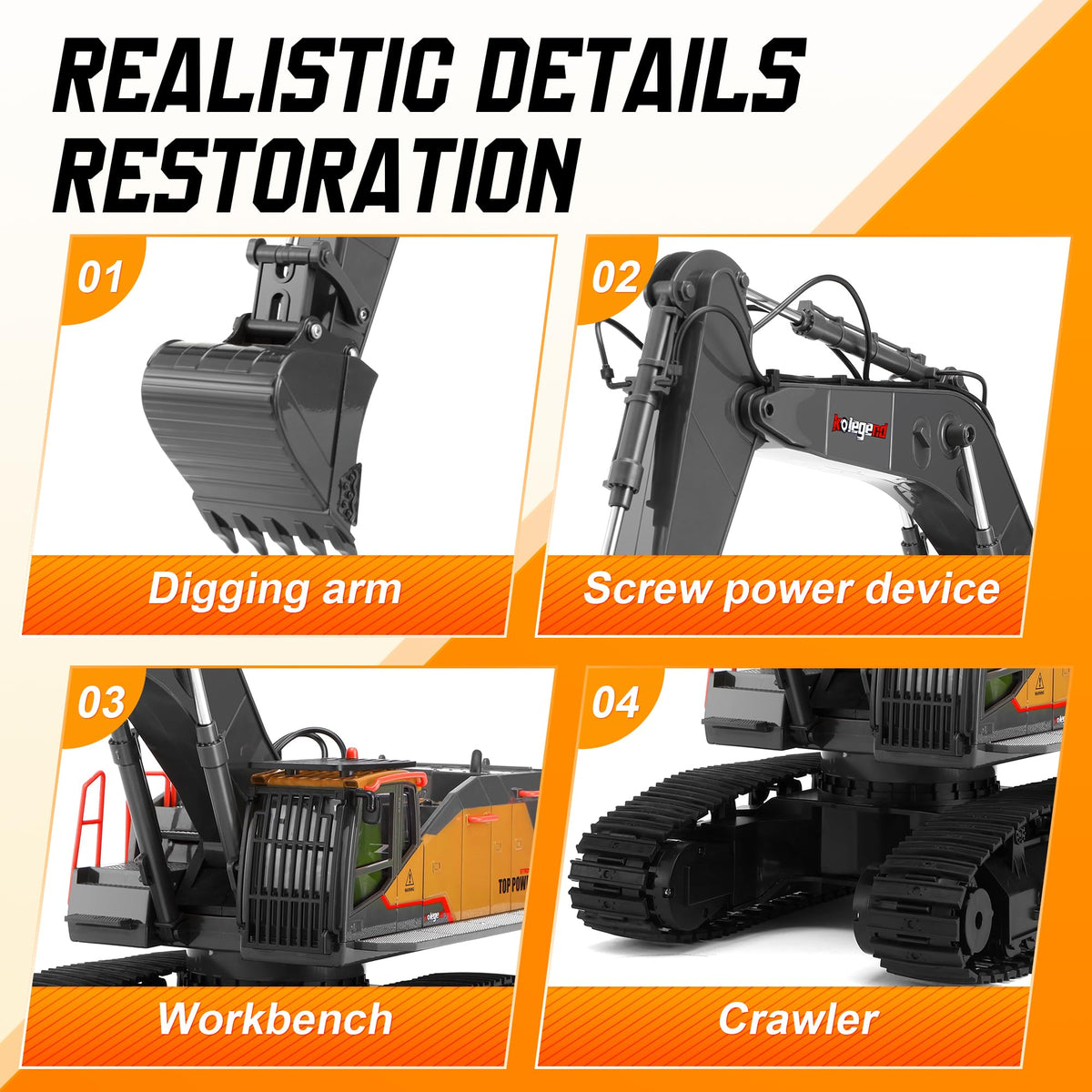 kolegend 1:14 RC Excavator 25 Channel 4 in 1 Construction Toys,Remote Control Vehicles Tractor Sandbox Toys Digger,with Metal Bucket,Drill Bit,Gripper & Wood Gripper RC Truck