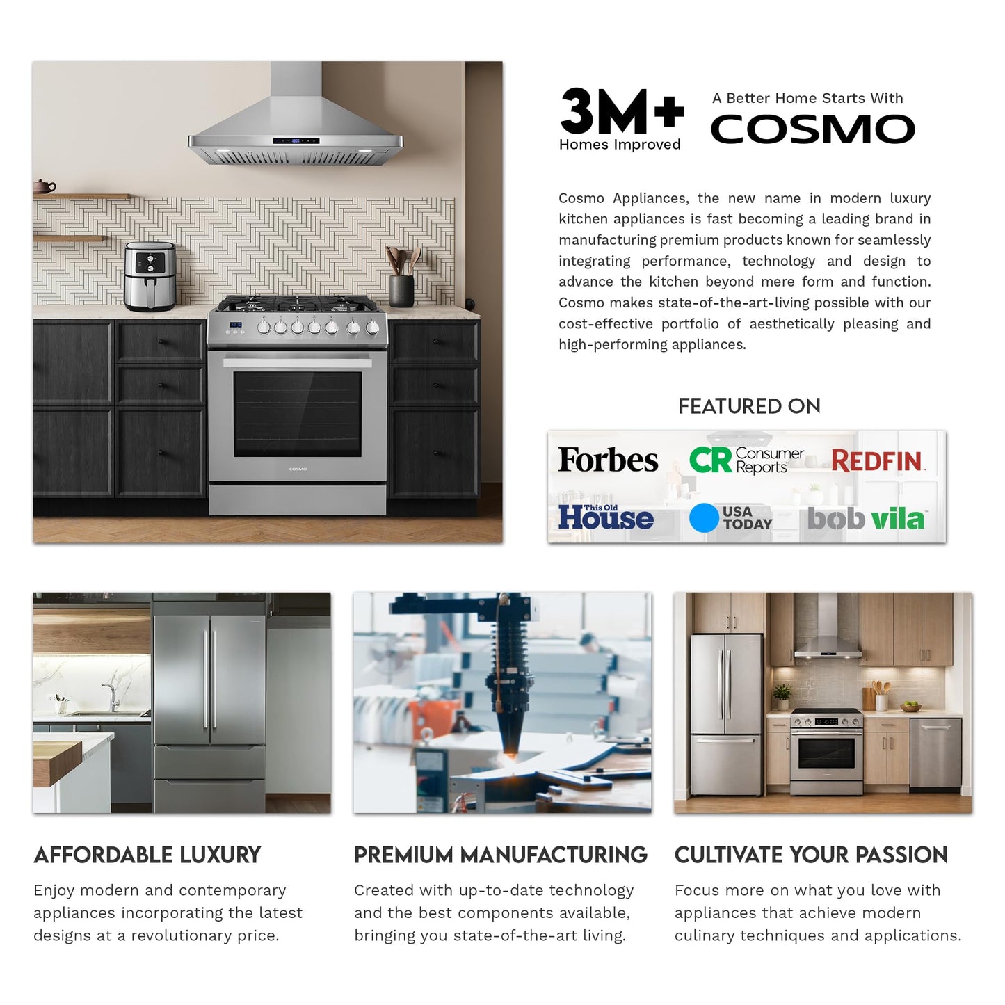 COSMO COS-63190 36 in. Vista Collection 380 CFM Ducted Wall Mount Range Hood, Button Controls, LED Lights, Stainless Steel