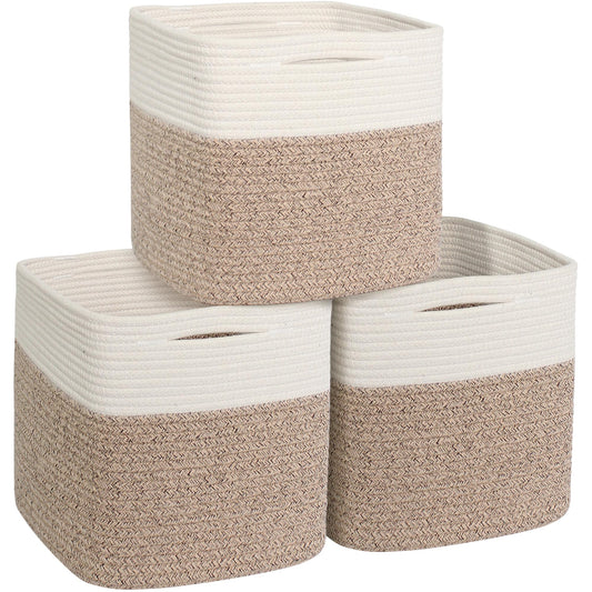 WILLITAT 13x13x13 inch Cube Storage Bin, 3-Pack Woven Cotton Rope Baskets for Organizing, 13 inch Square Storage Cubes for Shelves, Cute Kids Toy Bin Box, Baby Nursery Decorative Closet Organizer