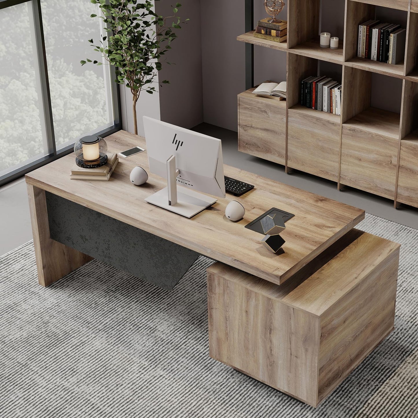 SAINTCY Modern Executive Desk with Storage Cabinet, Configurable Length 62.99" or 70.87", Large Office Desk with 2 Drawers, Home Office Desk with Reversible Cabinet &Cable Management (Mahogany, Left)