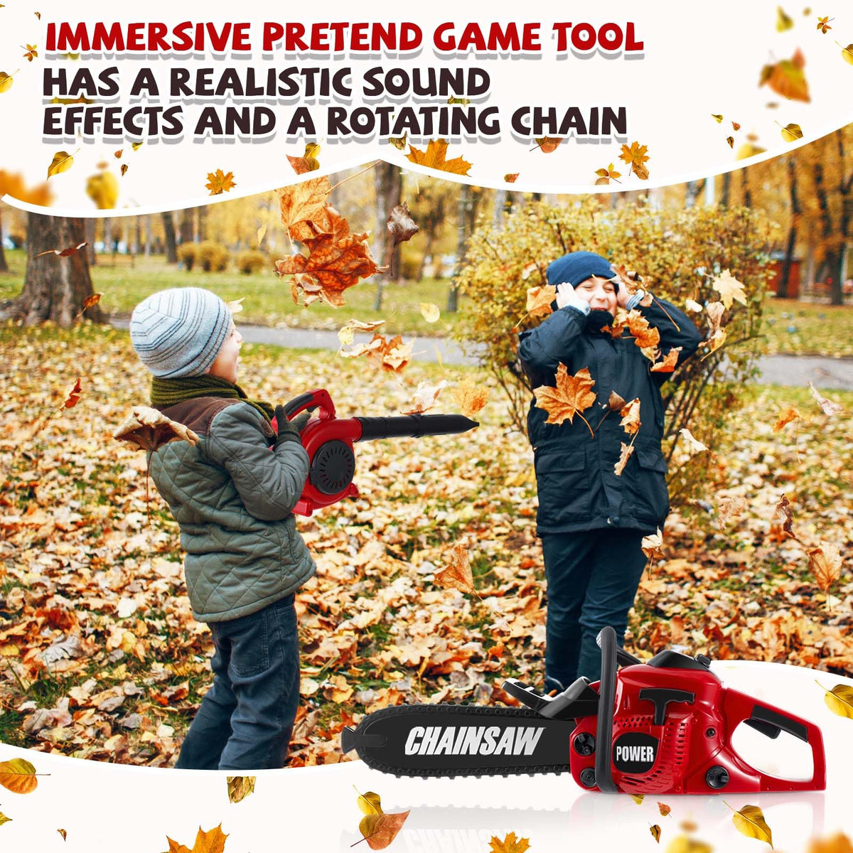 Arrowbash Toy Chainsaw & Kids Leaf Blower Set for Kids, Battery Powered with Sounds, 2 Pcs Gardening Toy Gift for Boys & Girls