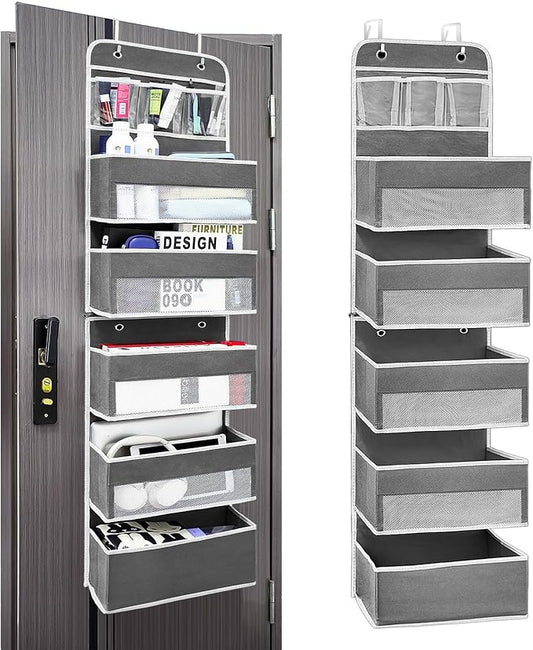 Easy Assembly Over The Door Organizer, 6 Shelves& 10 Side Pockets, Heavy-Duty Reinforced Mesh Rack Holds 44lb, Hanging Behind Door Storage for Bathroom Pantry, Nursery, Closet, Shoes, Towels-Dark Grey
