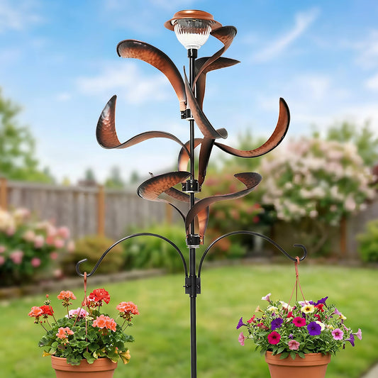 81" Metal Wind Spinner with Solar LED Light & Hanging Hooks - Rustic Copper Finish Kinetic Yard Art for Garden, Patio, Lawn - Outdoor Decor Stake