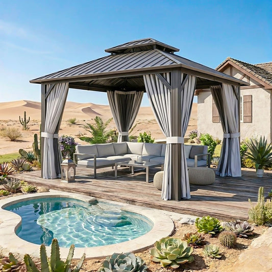 Breezestival 10x10FT Hardtop Gazebo, Metal Frame with Double Galvanized Steel Roof, Permanent Outdoor Pergola with Curtains and Netting Included for Backyard, Patio, Lawn and Garden, Gray