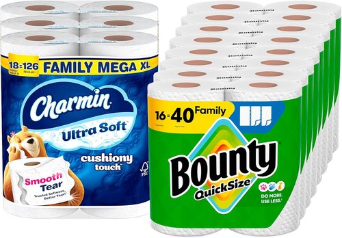 Bounty Quick-Size Paper Towels - White, 16 Family Rolls | Charmin Ultra Soft Toilet Paper, 18 Mega XL Rolls