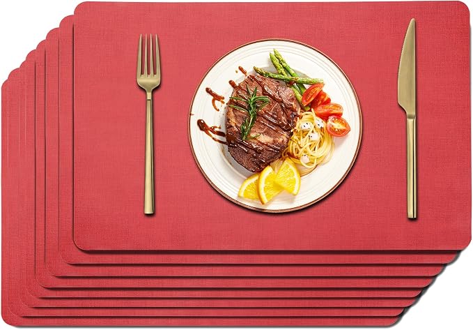 Maxpearl Faux Leather Placemats Set of 8 - Waterproof - Wipe Clean - Heat Resistant - Anti Slip Dining Table Place Mats, Suitable for Indoor & Outdoor Use, 17ââÃ12ââ, Light Red