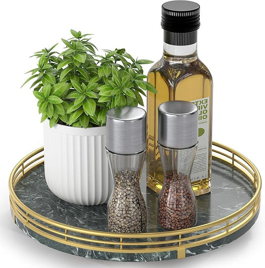 Green Marble Lazy Susan Turntable for Table Top â 10â Round Marble Tray Organizer for Dining Table, Kitchen Countertop & Bar, Luxury Stone Serving Tray with Gold Frame