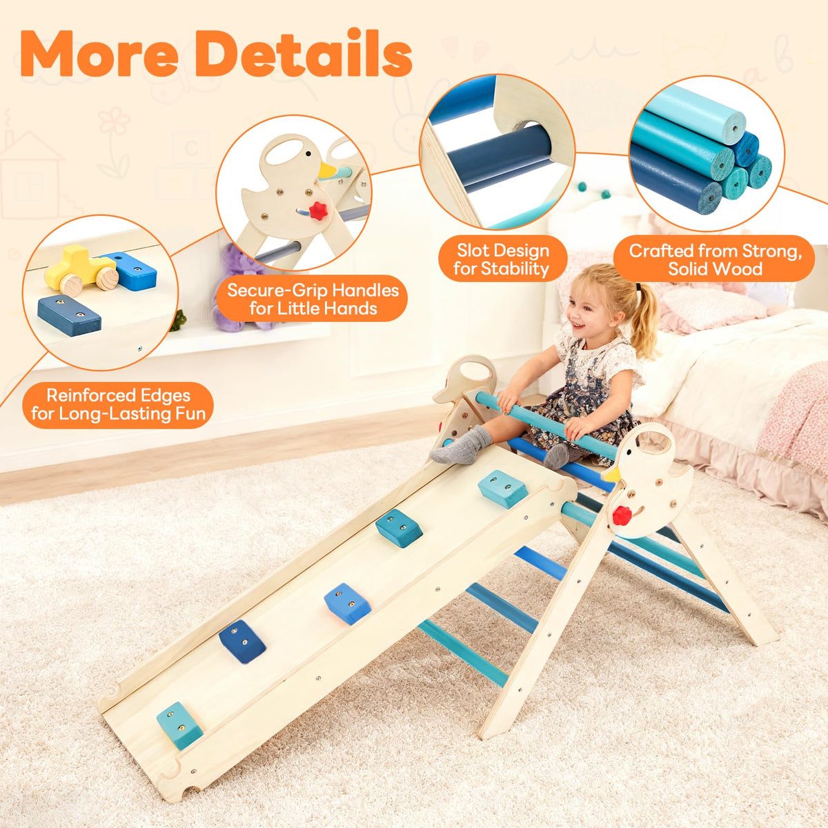 DUMOS Pikler Triangle Set, Toddler Climbing Toys and Play Structure Indoor, 9-in-1 Wooden Montessori Climbing Set with Arch, Ramp and Ladder, Foldable Baby Jungle Gym