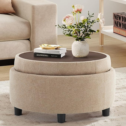 COLAMY Fabric Round Storage Ottoman with Reversible Tray Lid – Multi-Functional Footrest, Hidden Storage, Sturdy & Stylish Small Coffee Table for Living Room, Bedroom, or Entryway(Camel)