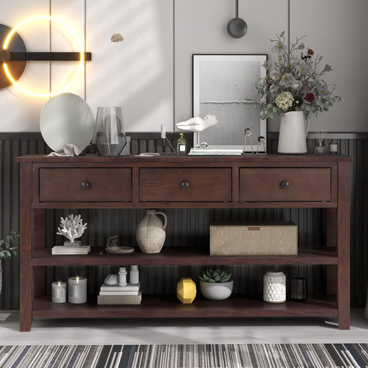 Bellemave Solid Wood Console Table with Drawers, Retro Entryway Table with 3 Drawers and 2 Open Storage Shelves, Narrow Long Sofa Table, Behind Couch Table for Living Room, Foyer and Hallway, Espresso