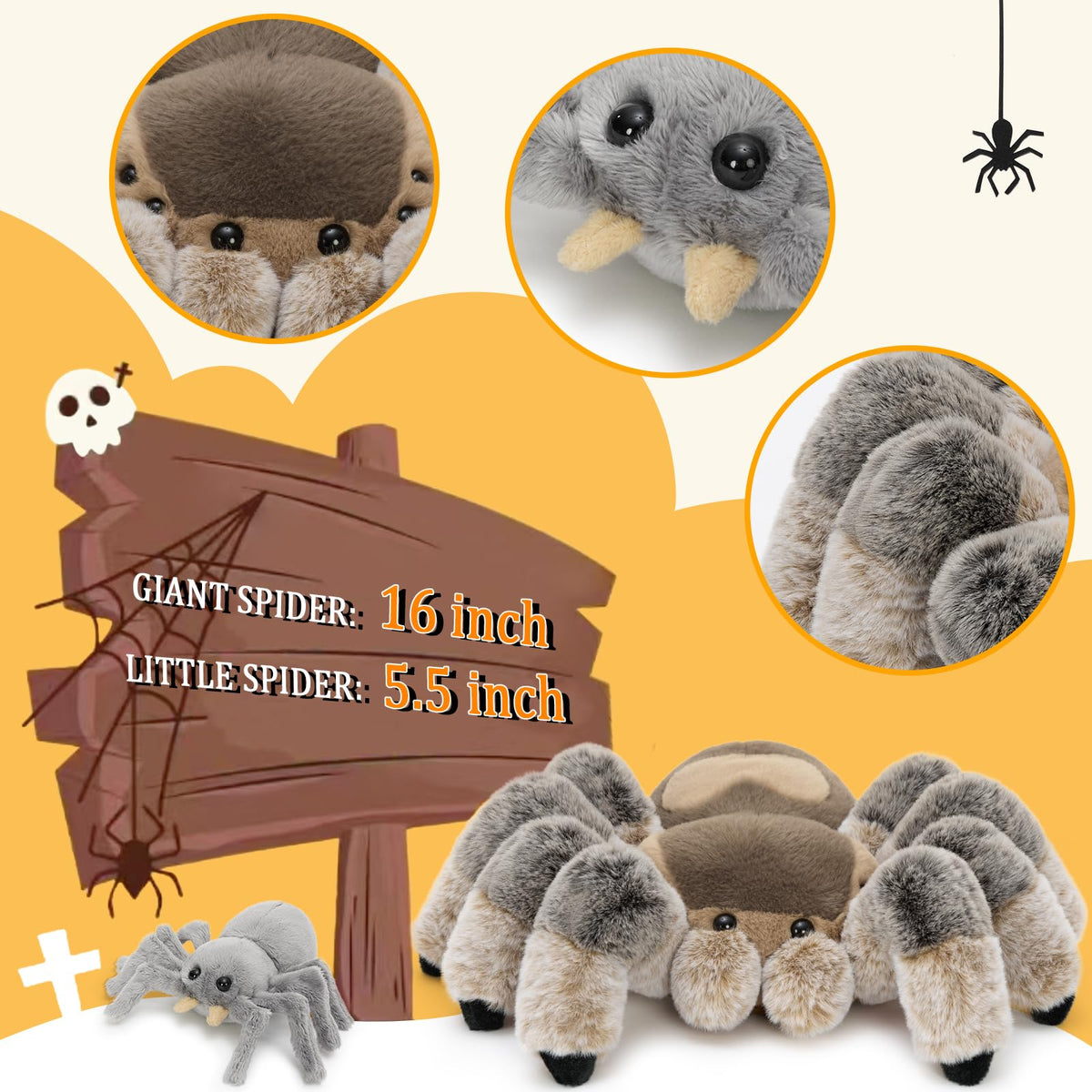 MorisMos 4Pcs Large Spider Plush, 16 Inch Mommy Spider Stuffed Animals with 3 Babies, Soft Cuddly Pillow Plush Gifts for Kids Boys Girls, Brown