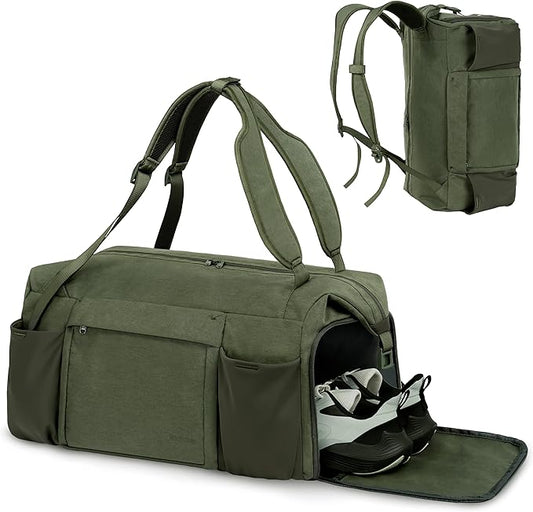 Small Gym Bag for Men with Shoes Compartment and Wet Pocket Convertible Duffle Bag and Gym Backpack Waterproof Sports Bag with 2 Bottle Holders Weekender Overnight Bag - Dark Green