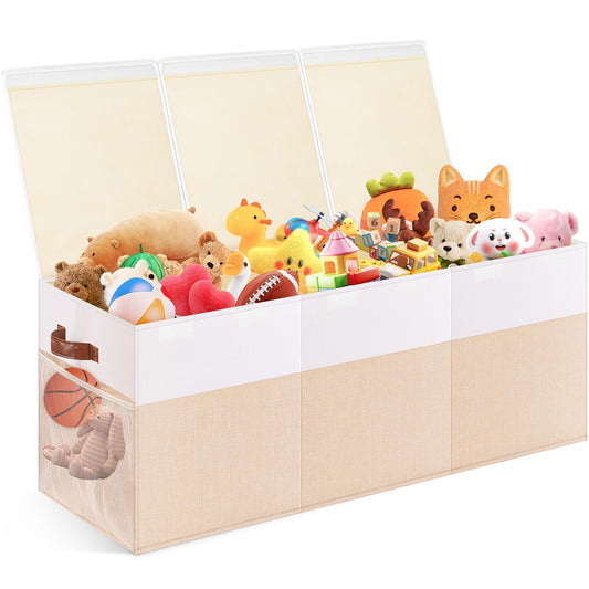 Extra Large Toy Storage Box with Lid, Collapsible Sturdy Toy Chest Storage Organizer Bin Basket with Divider for Kids, Boys, Girls, Closet, Playroom, Bedroom, Nursery, 40"X14"X16", Beige & White