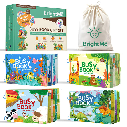 BrightMō Montessori Busy Book Set (4-in-1) – Preschool Learning Activities for Ages 3+, Fine Motor Skills, Travel Activity Kit, Dinosaur Farm Ocean Animal Themes