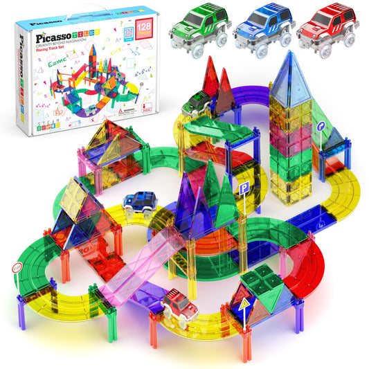 PicassoTiles 128pcs Magnetic Race Car Track Building Block Educational Toy Set Tiles Magnet Playset 3 LED Car STEM Learning Construction Kit Fine Motor Skill Training Brain Development for Kids Age3+
